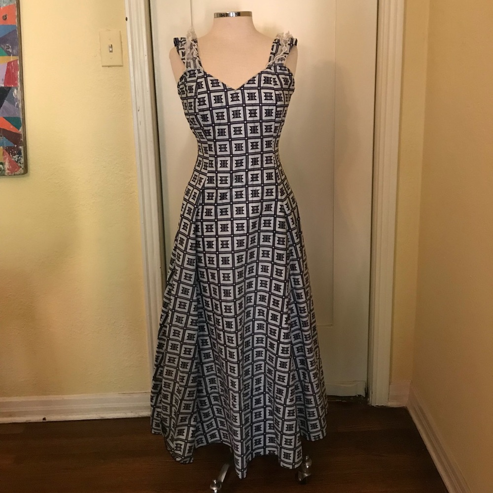 Vintage midi sundress flattering wiggle size 8 navy white